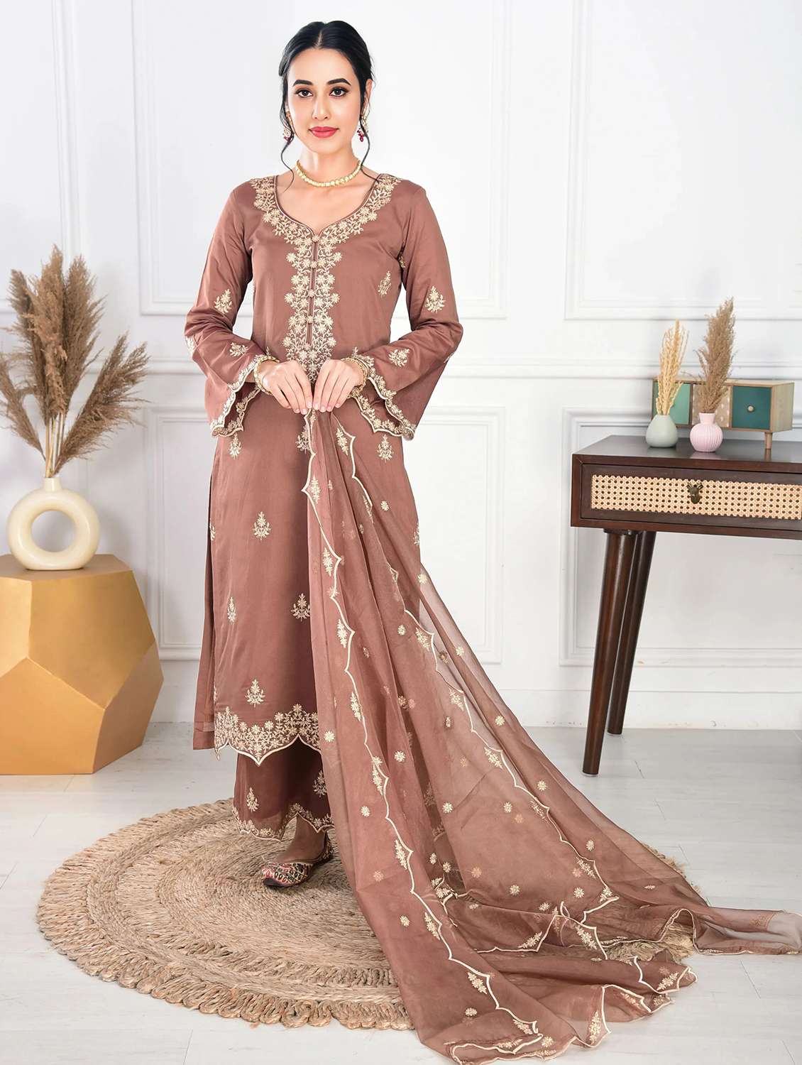 women embroidered long sleeve kurta palazzo with dupatta set - 22555193 -  Standard Image - 3