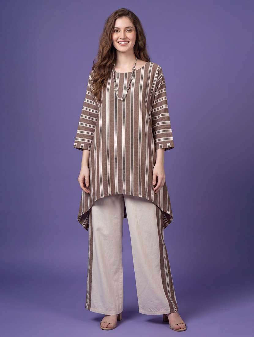 women striped three quarter sleeve ethnic co-ord set