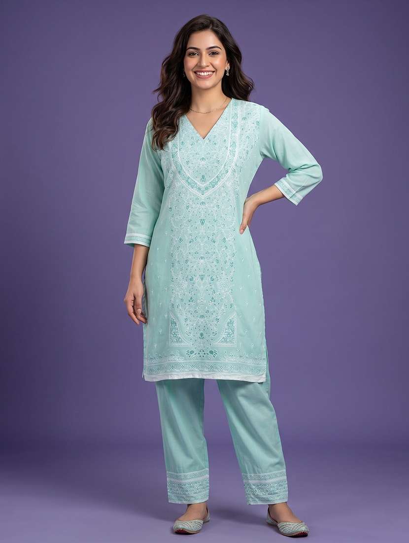 women embroidered three quarter sleeve kurta pant set
