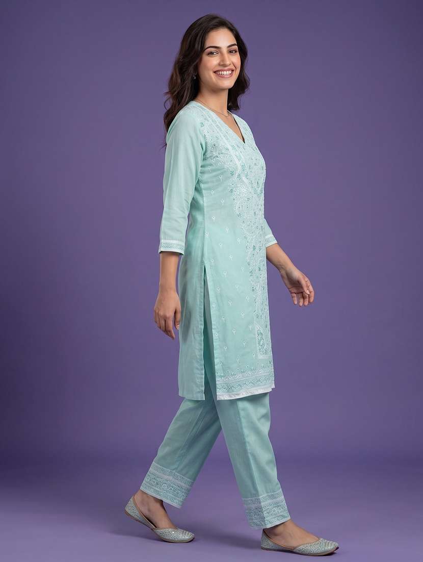 women embroidered three quarter sleeve kurta pant set - 22555209 -  Standard Image - 3