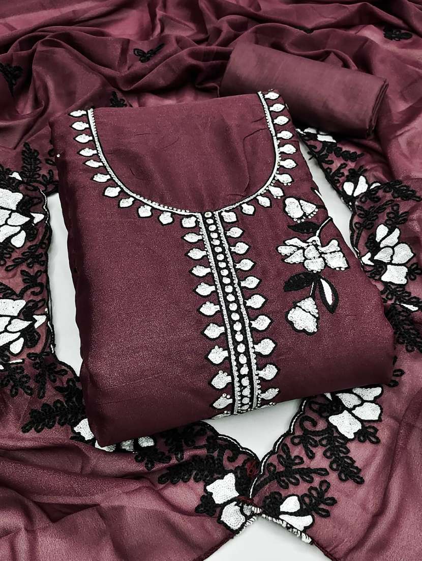 women solid with work unstitched suit set