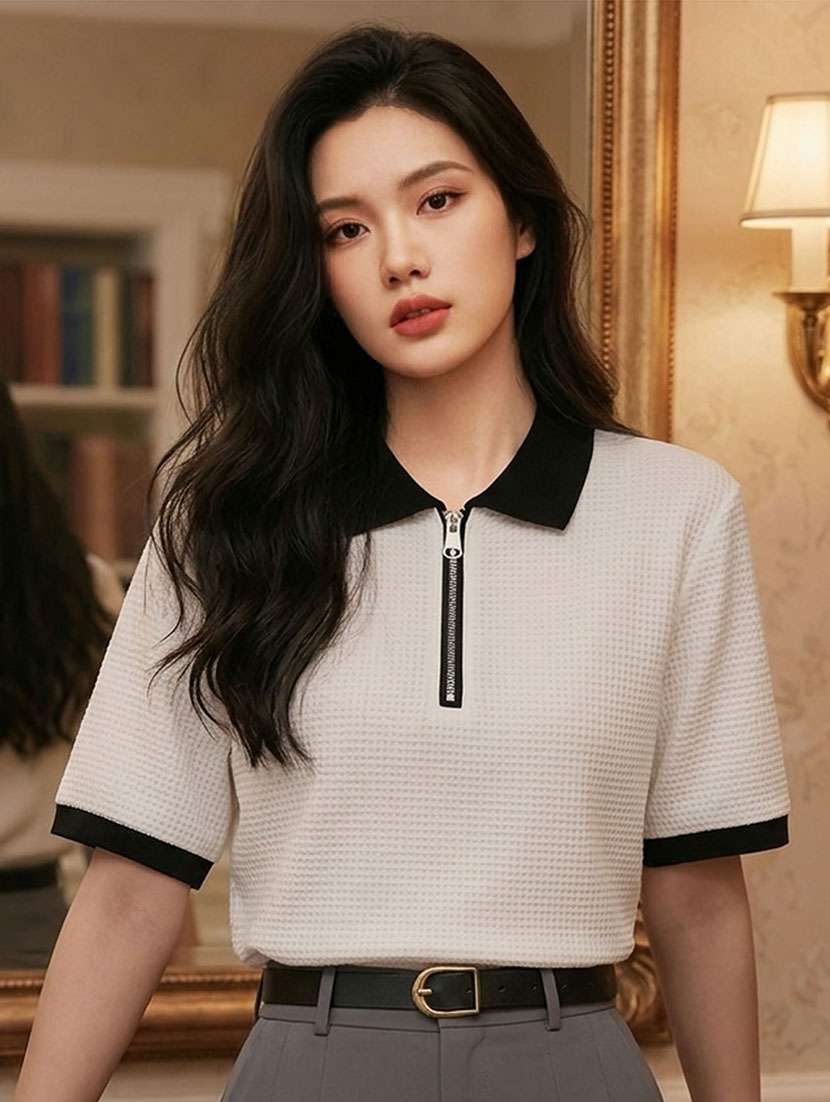 women self design short sleeves polo t-shirt