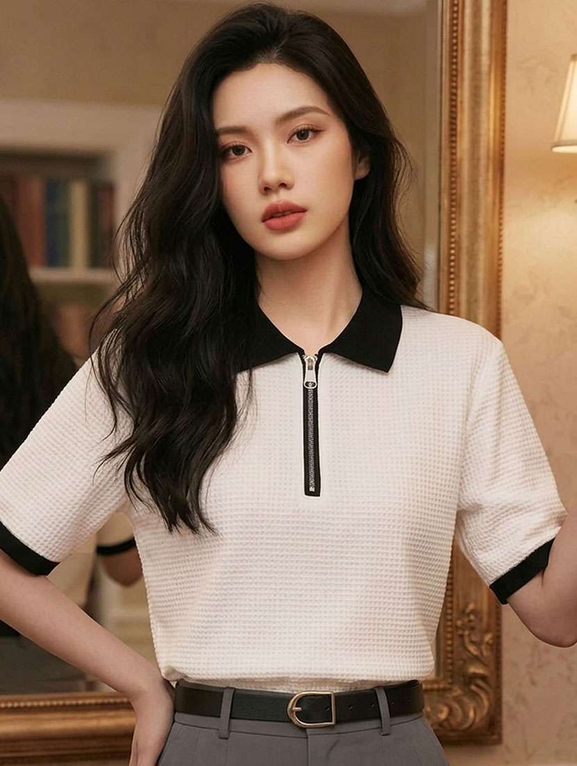 women self design short sleeves polo t-shirt - 22556123 -  Standard Image - 3