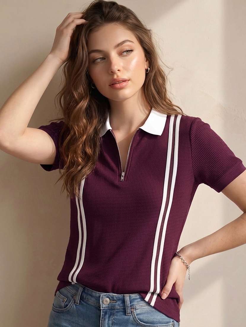 women self design short sleeves polo t-shirt - 22556218 -  Standard Image - 3