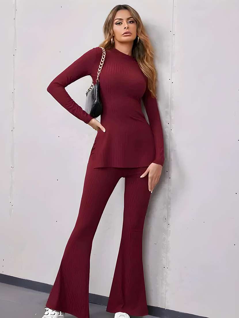 women solid long sleeves top and trouser co-ord set