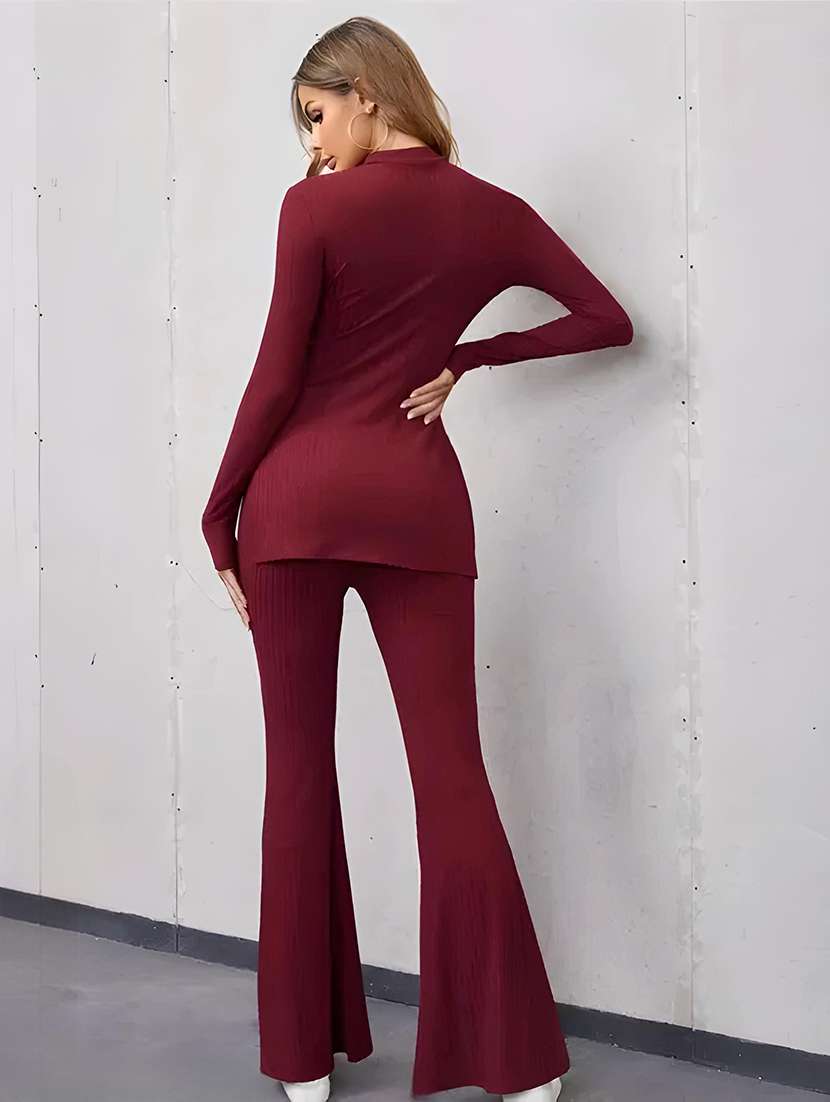 women solid long sleeves top and trouser co-ord set - 22557057 -  Standard Image - 3