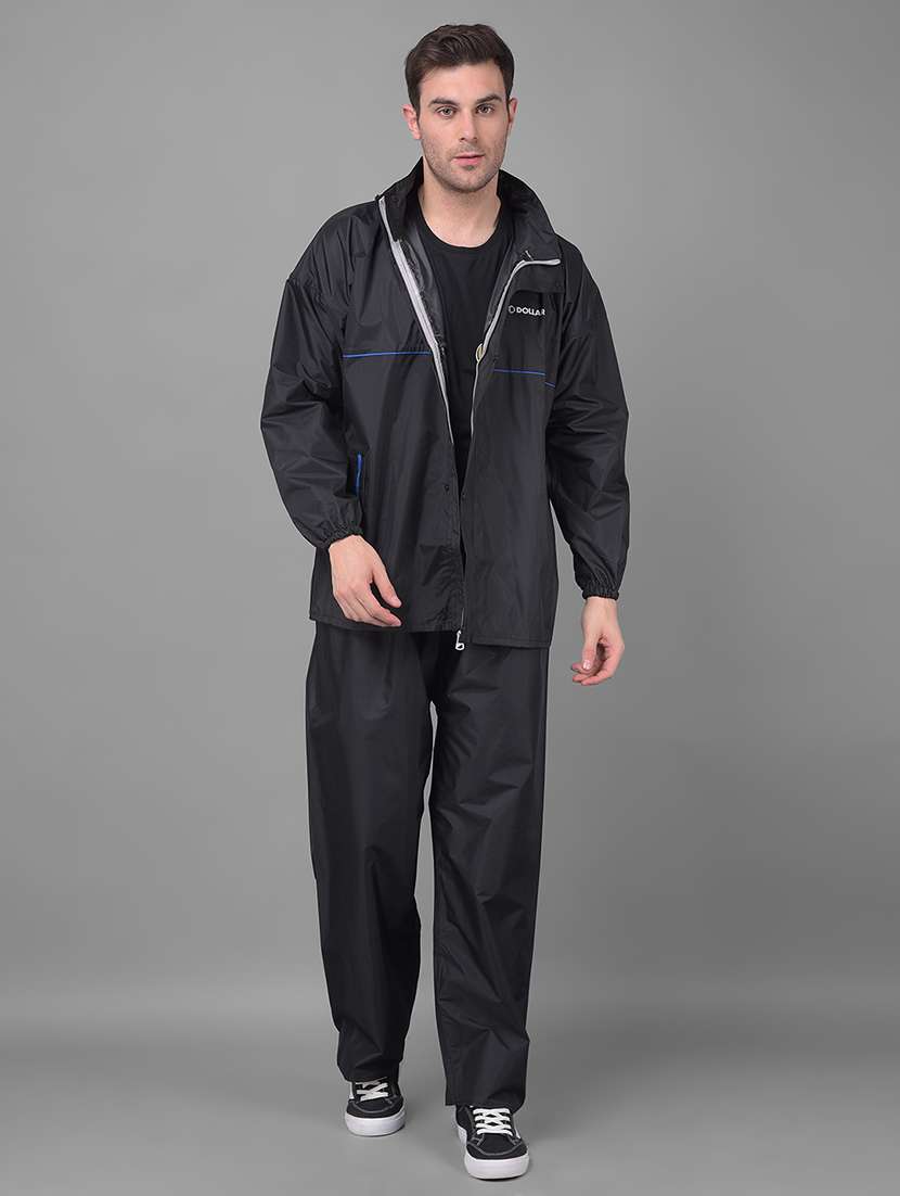 men solid long sleeve hooded rain suit set
