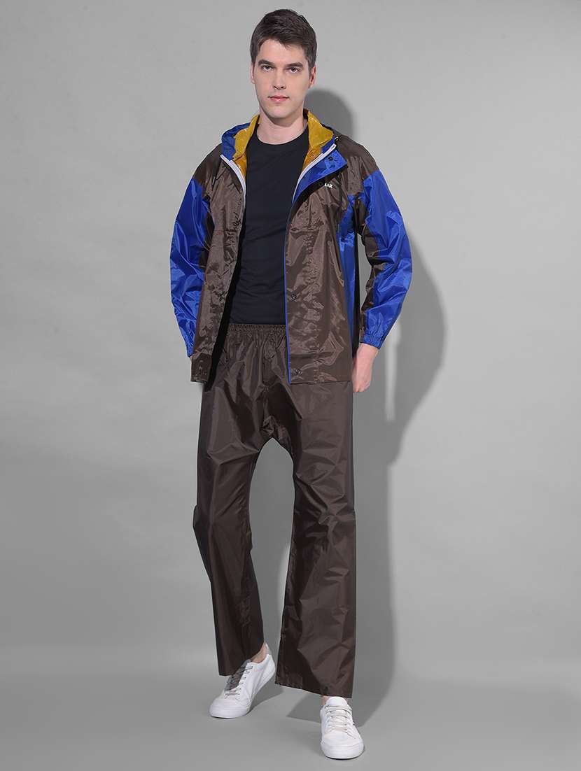 men color block long sleeve hooded rain suit set