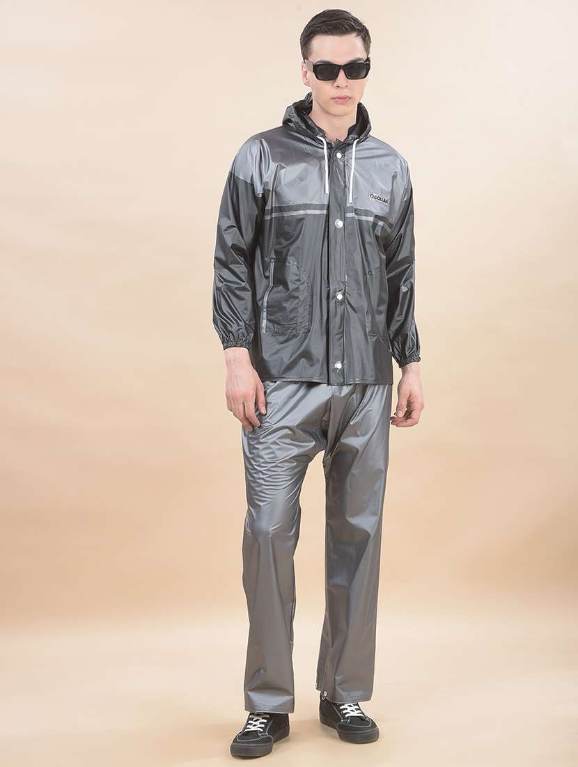 men color block long sleeve hooded rain suit set