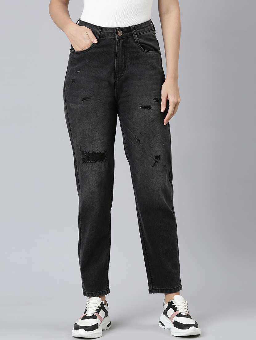 women distressed straight fit jeans