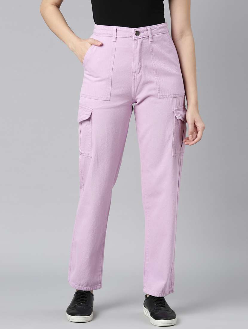 women solid high rise cargo pant