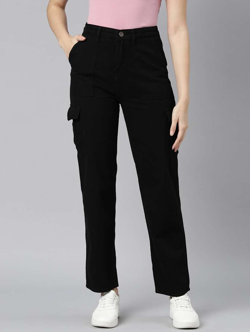 women solid mid rise cargo jeans