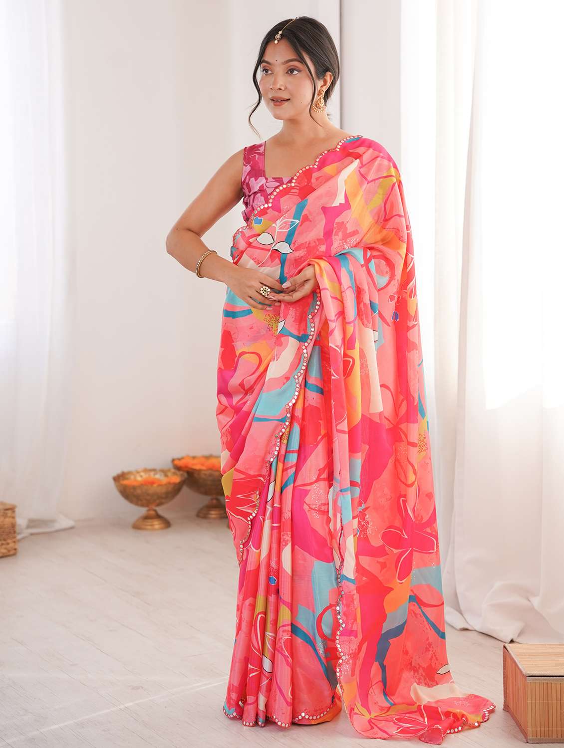 women printed casual wear saree with blouse