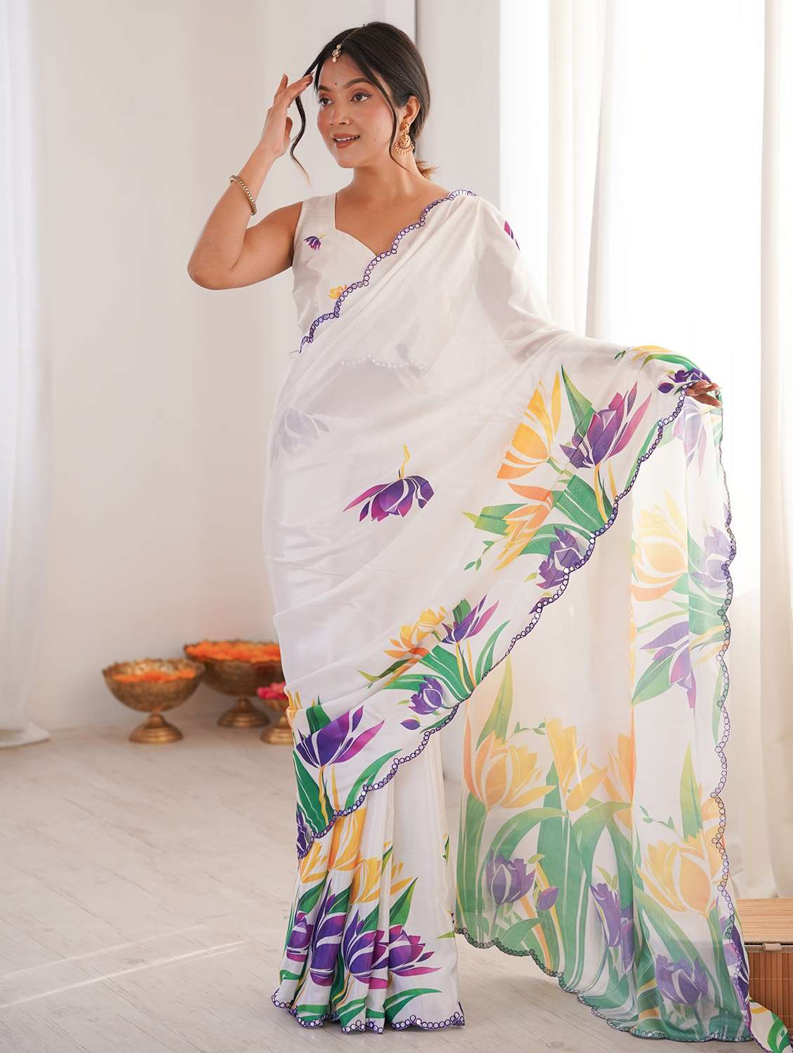 women printed casual wear saree with blouse