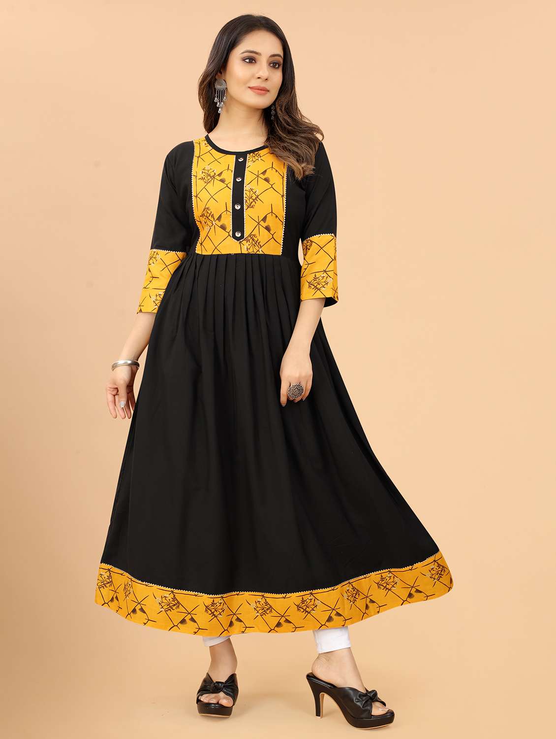 women printed three quarter sleeves a-line kurta