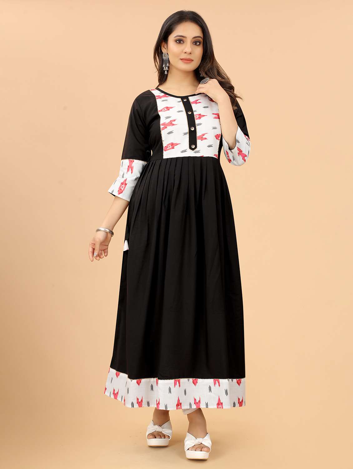 women printed three quarter sleeves a-line kurta