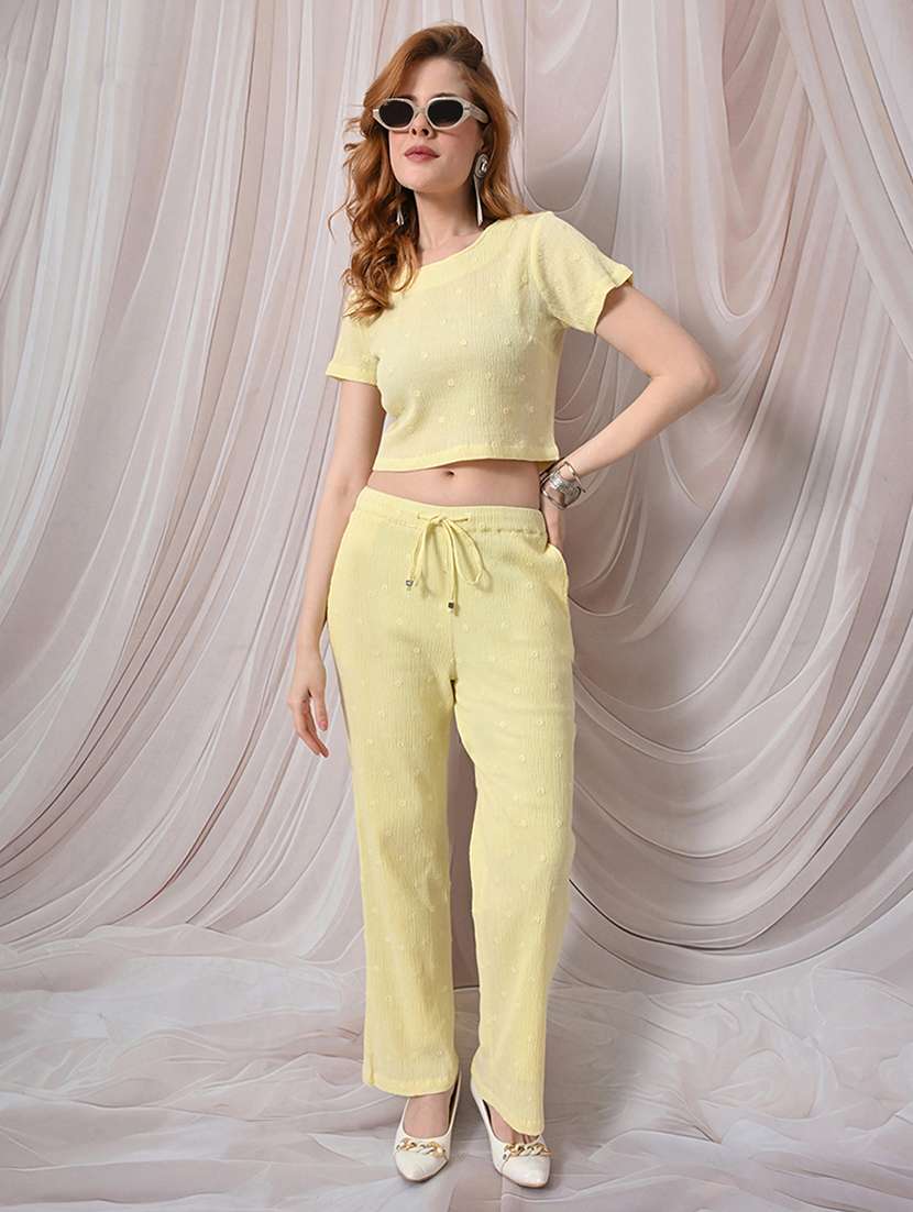 women embroidered round neck top and trouser co-ord  set