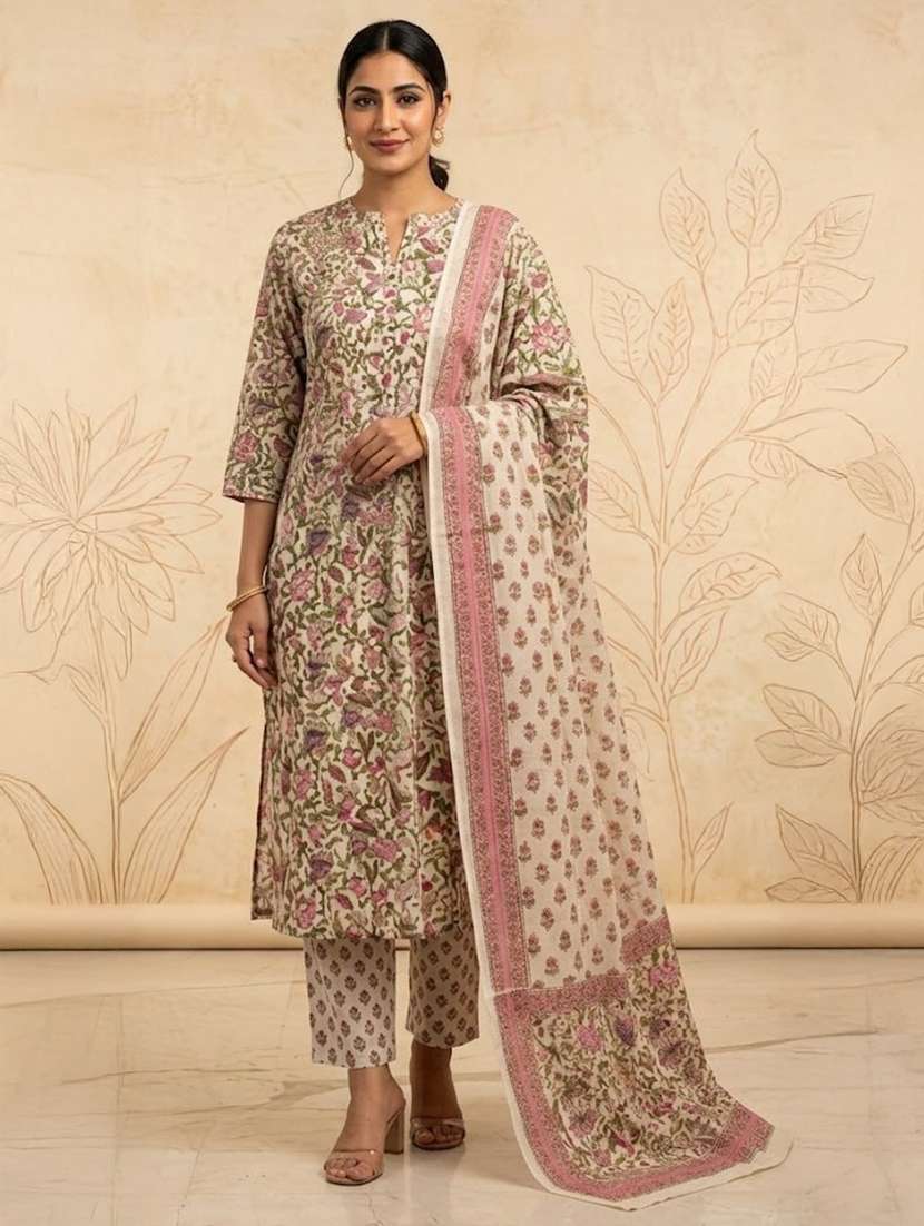 women printed three quarter sleeve kurta pant with dupatta set