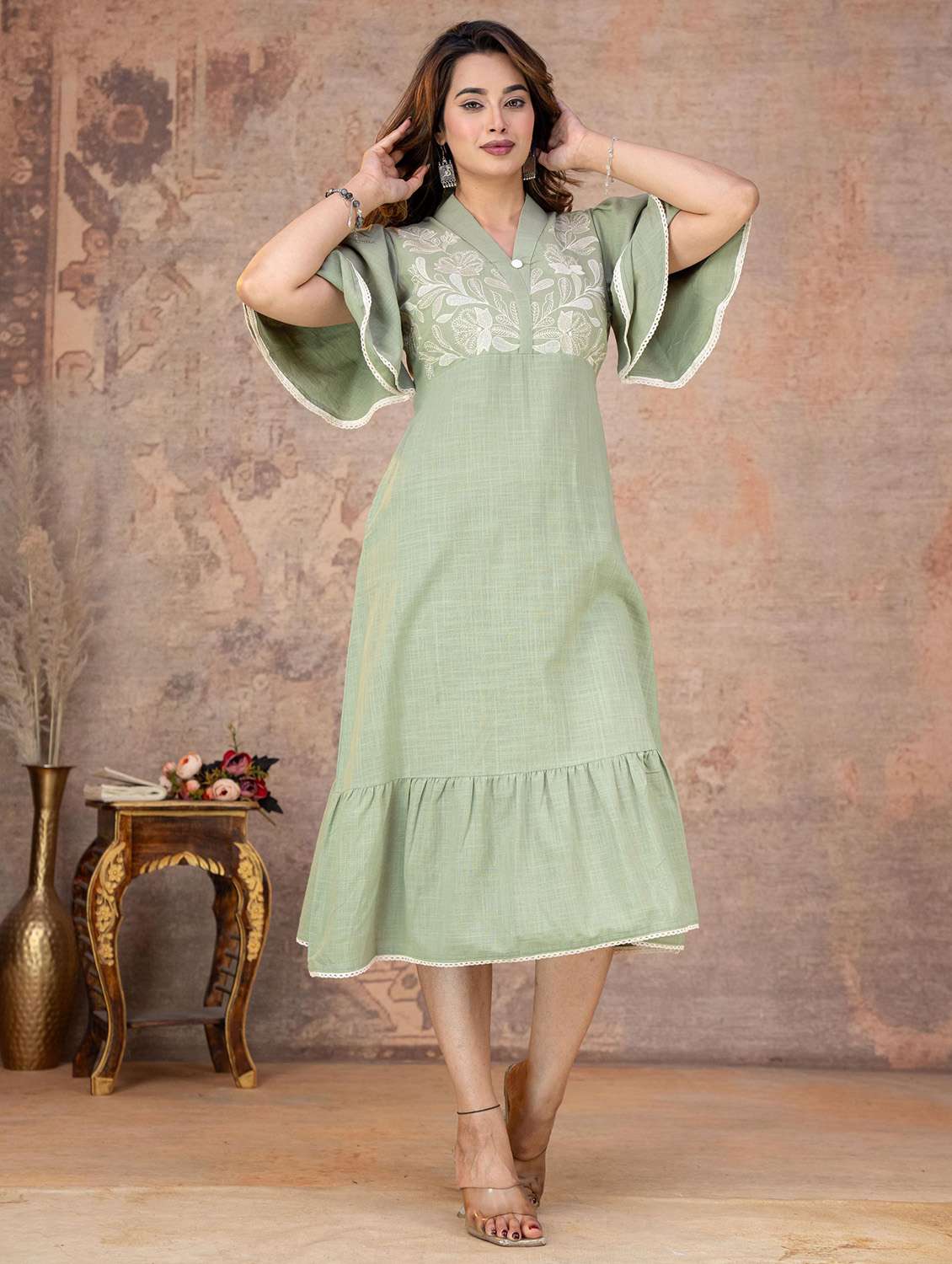 women embroidered flared sleeves tiered dress - 22558305 -  Standard Image - 5
