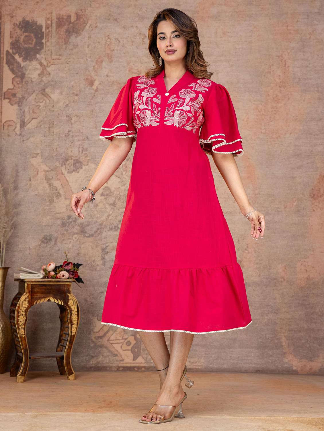 Women Embroidered Flared Sleeves Tiered Dress - 22558306 -  Standard Image - 3