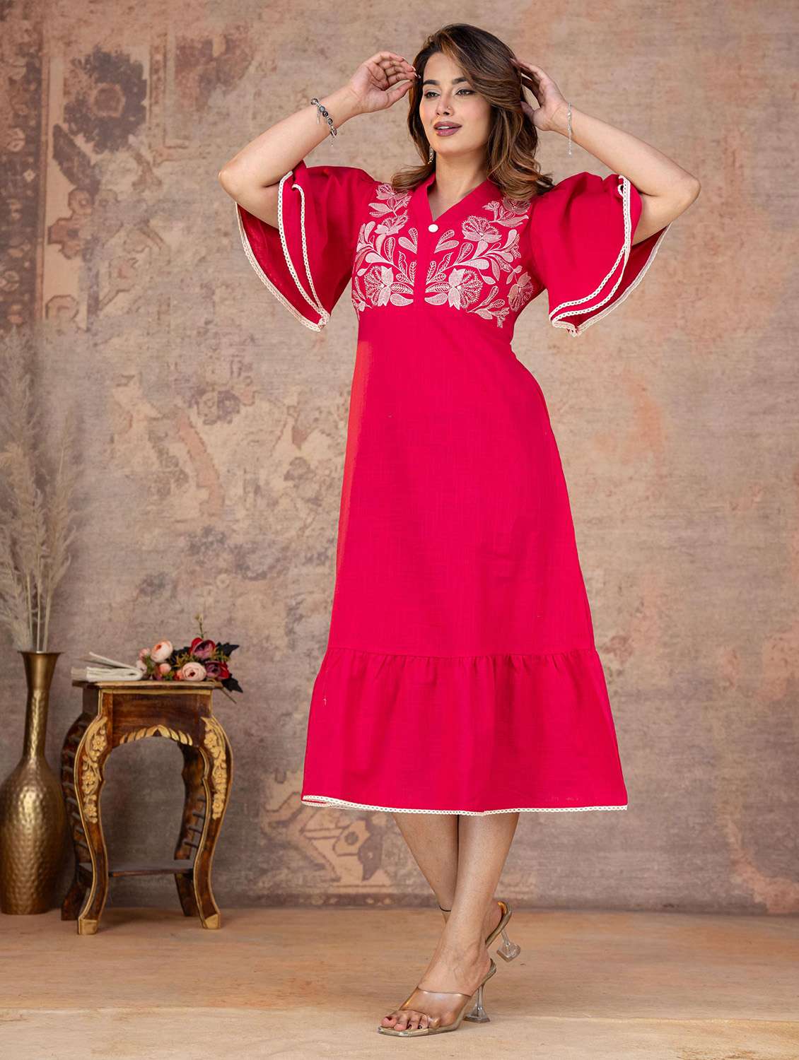 Women Embroidered Flared Sleeves Tiered Dress - 22558306 -  Standard Image - 5