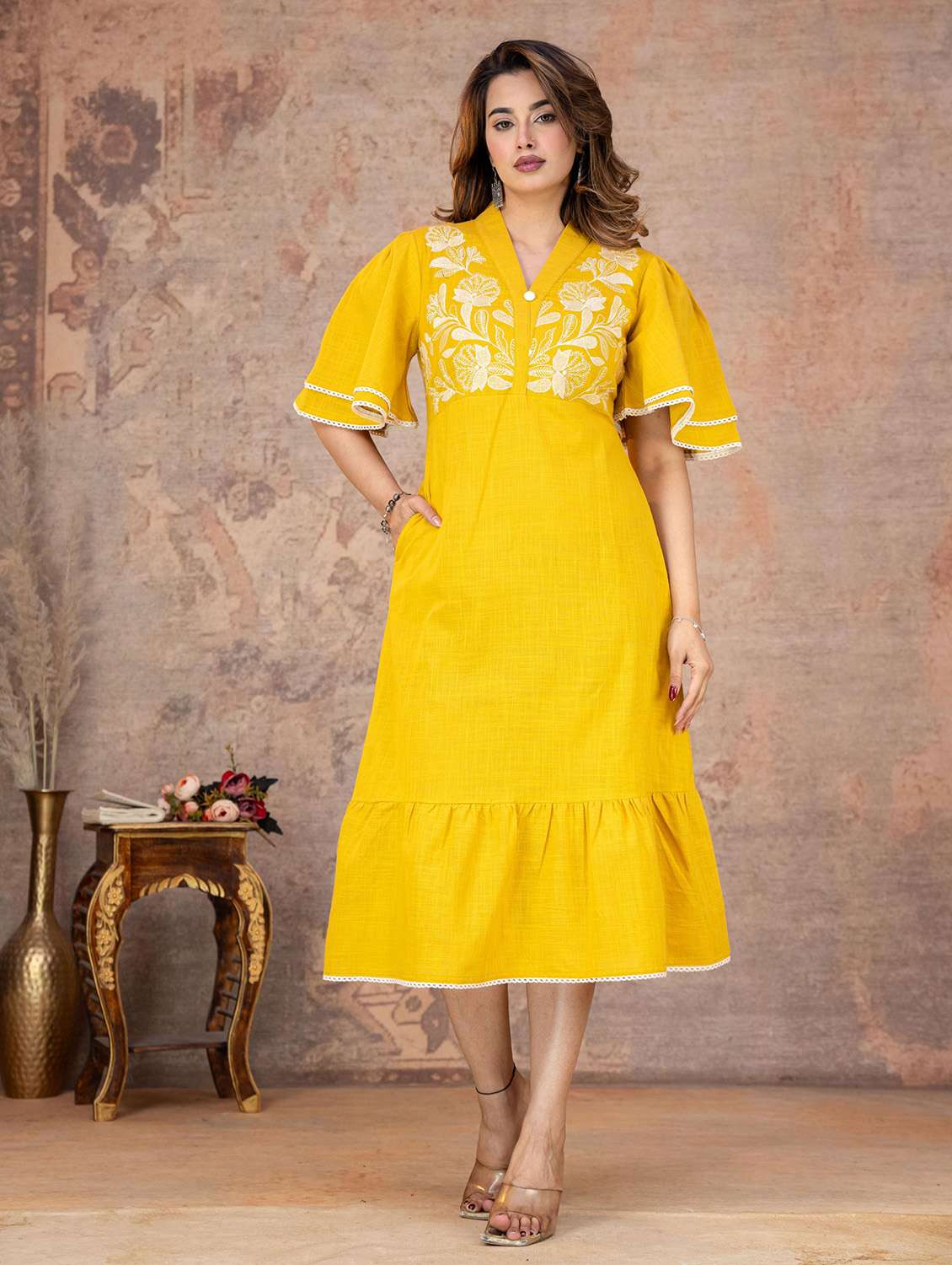women embroidered flared sleeves tiered dress