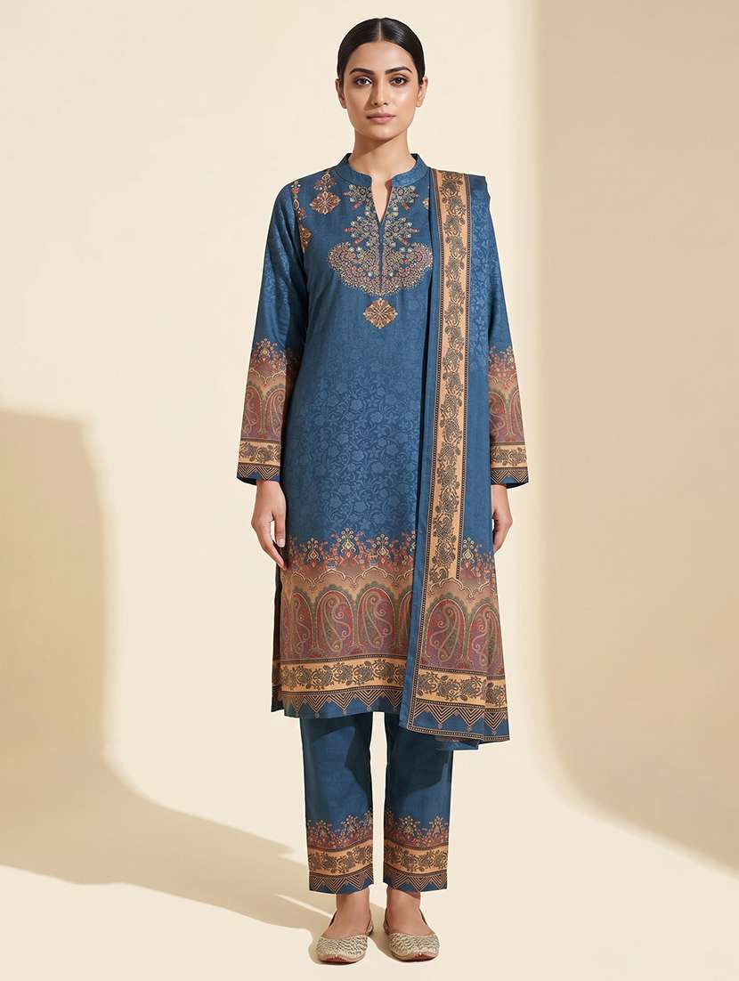 women printed long sleeve kurta pant with dupatta set