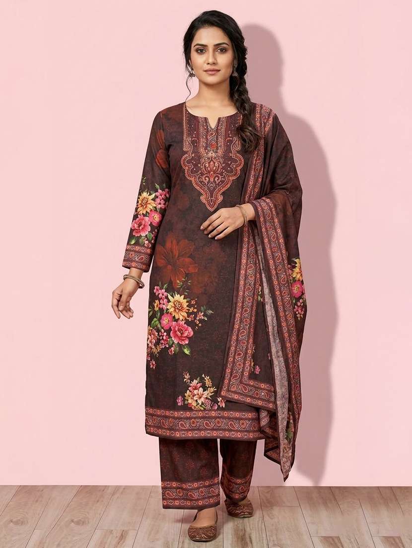 women printed long sleeve kurta pant with dupatta set