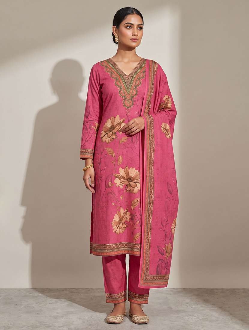 women printed long sleeve kurta pant with dupatta set