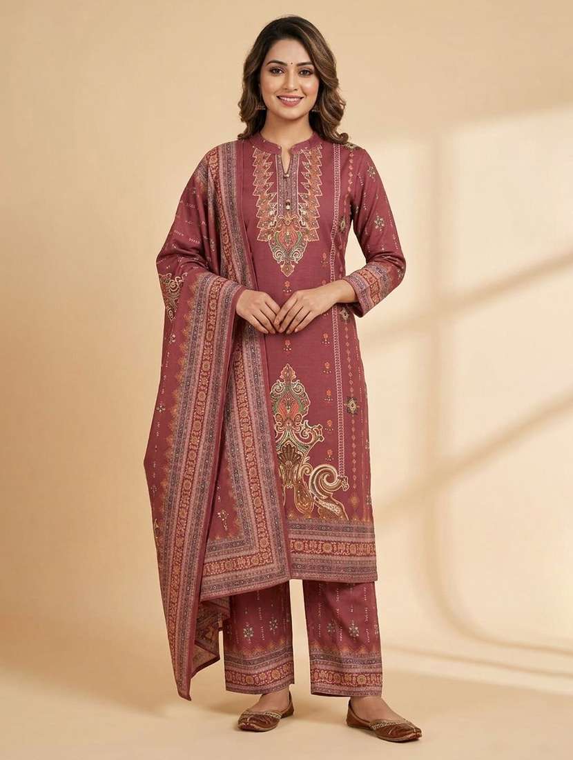 women printed long sleeve kurta pant with dupatta set