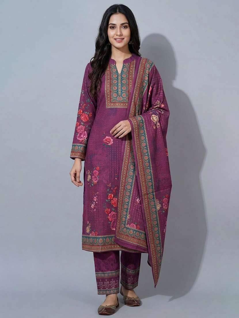 women printed long sleeve kurta pant with dupatta set