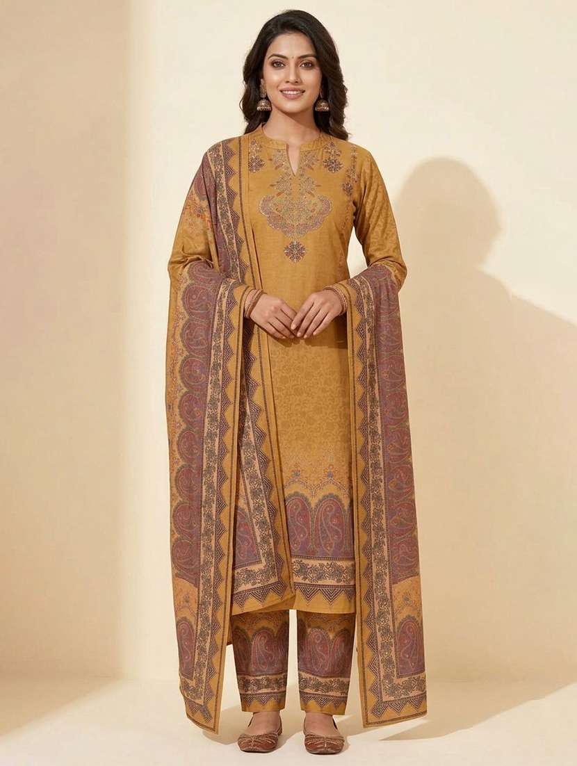 women printed long sleeve kurta pant with dupatta set