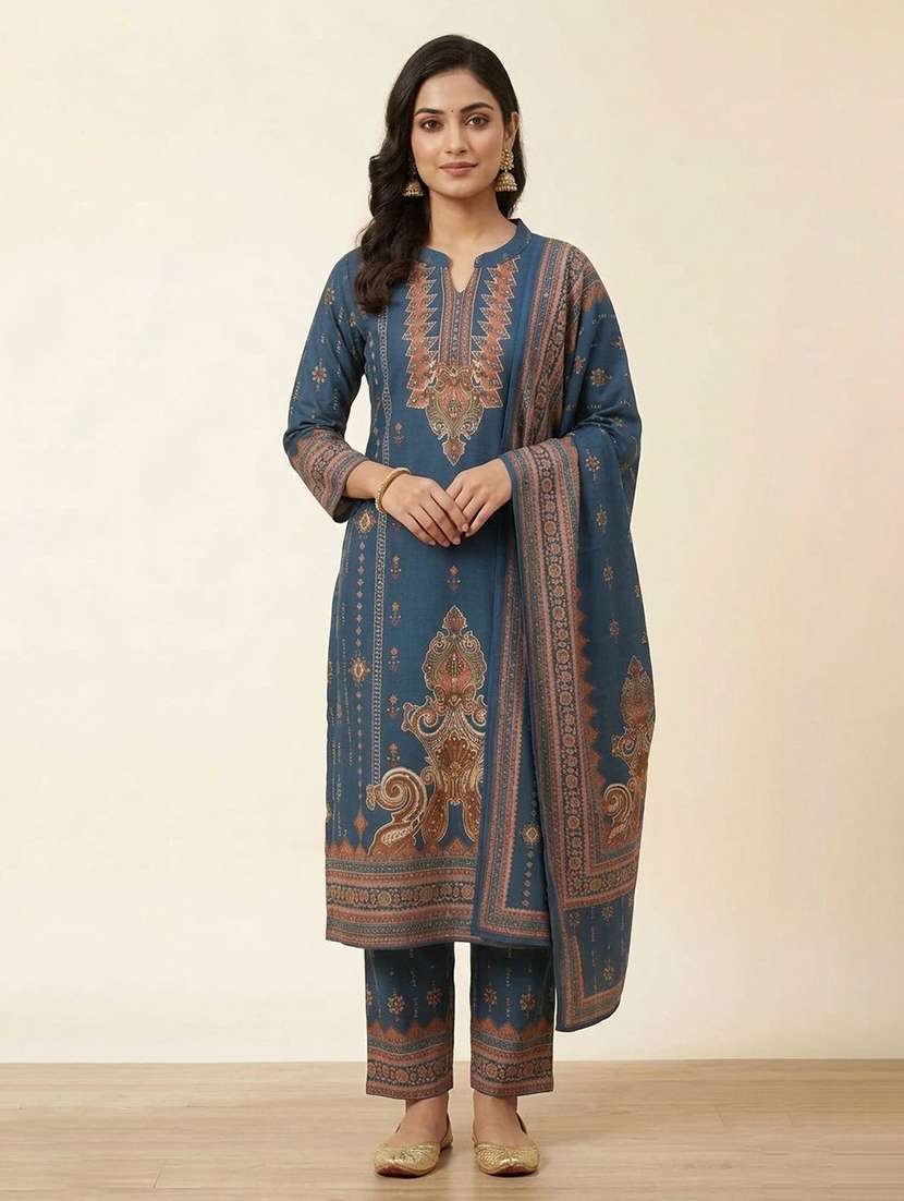 women printed long sleeve kurta pant with dupatta set