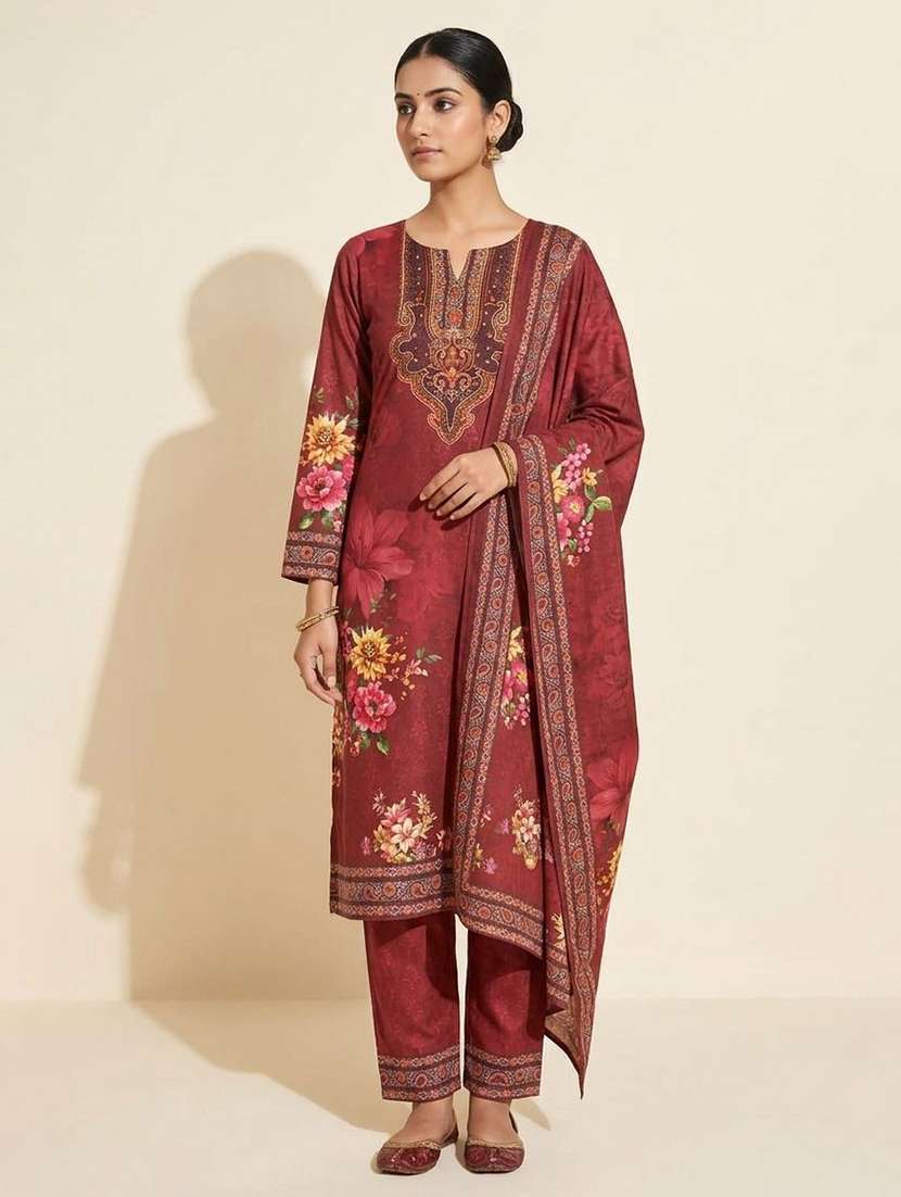 women printed long sleeve kurta pant with dupatta set