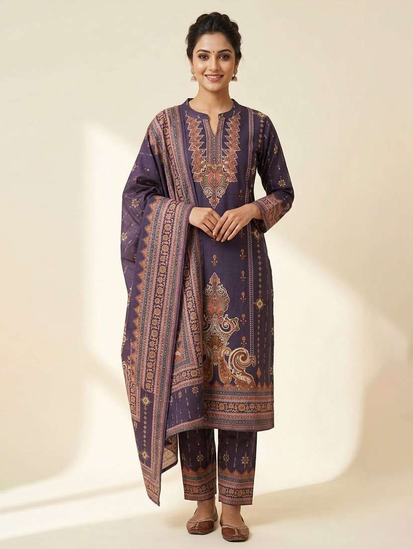 women printed long sleeve kurta pant with dupatta set