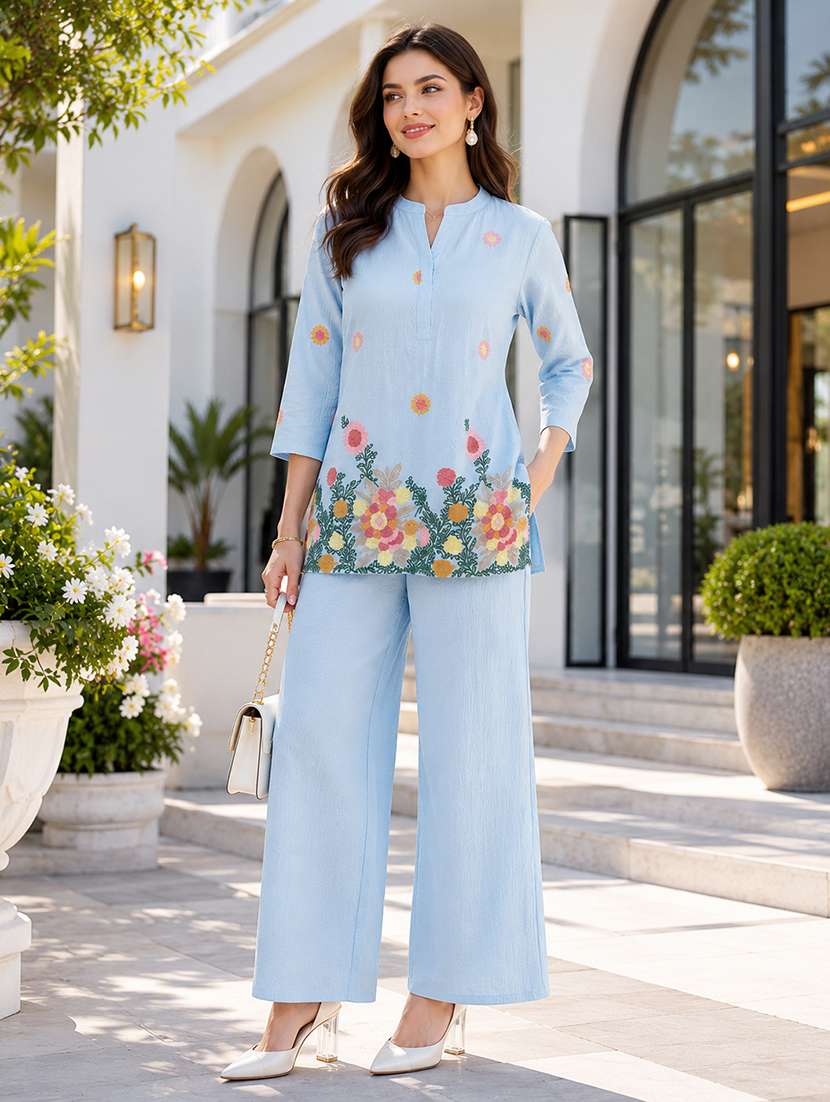 women embroidered three quarter sleeve ethnic co-ord set