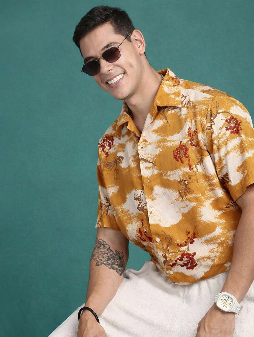 men printed short sleeve oversized casual shirt