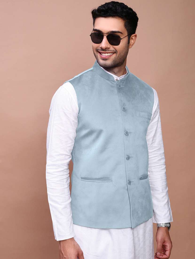 men solid mandarin neck regular fit nehru jacket