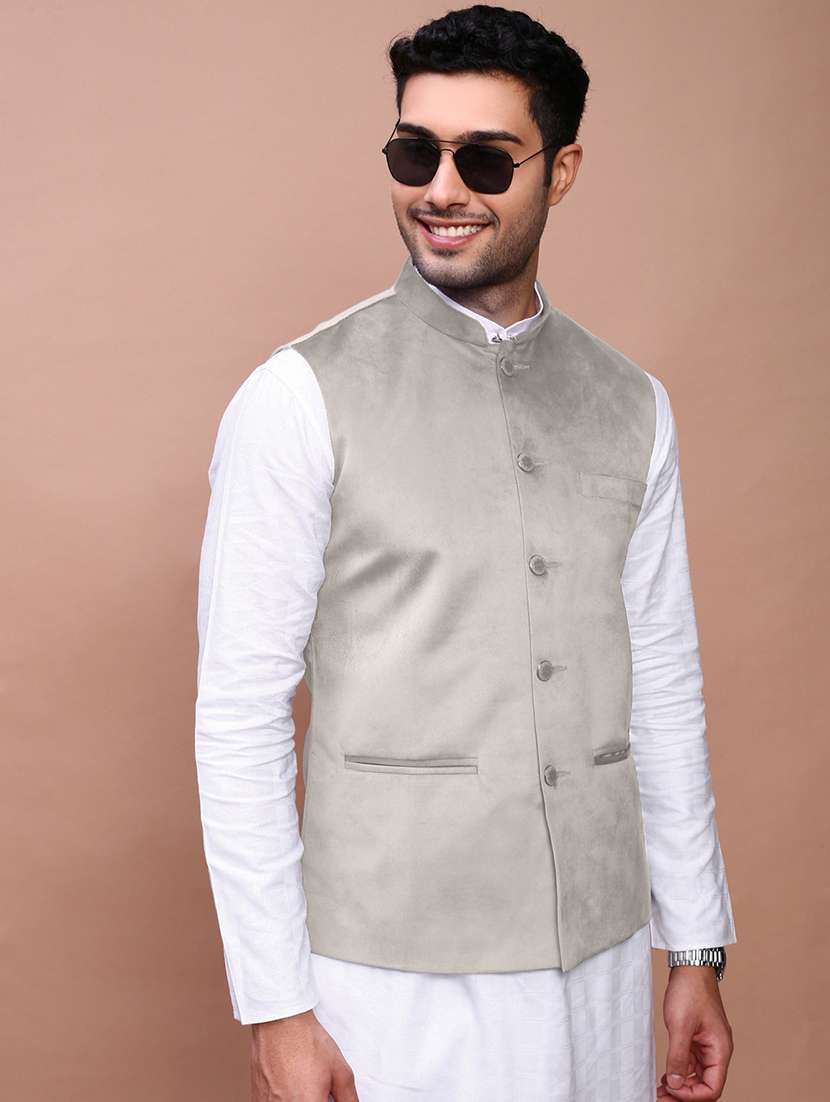 men solid mandarin neck regular fit nehru jacket