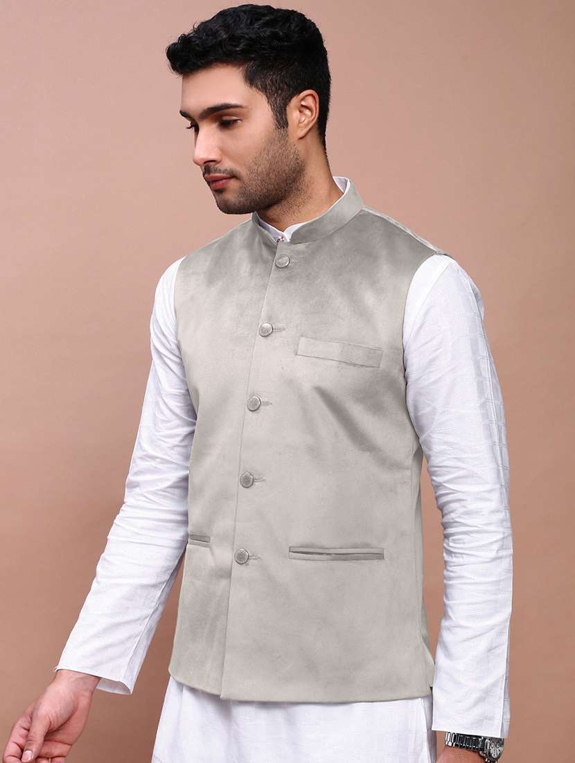 men solid mandarin neck regular fit nehru jacket - 22558499 -  Standard Image - 3