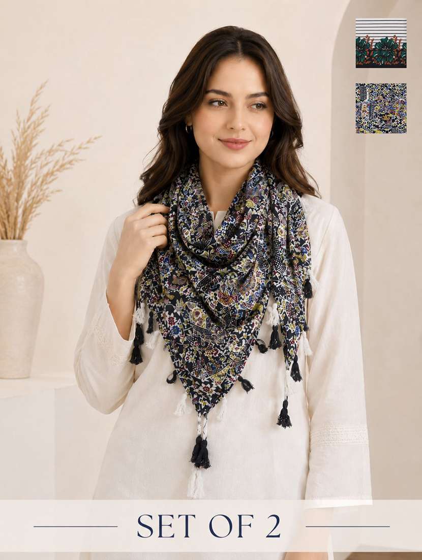 women pack of 2 printed scarf featuring with tassels