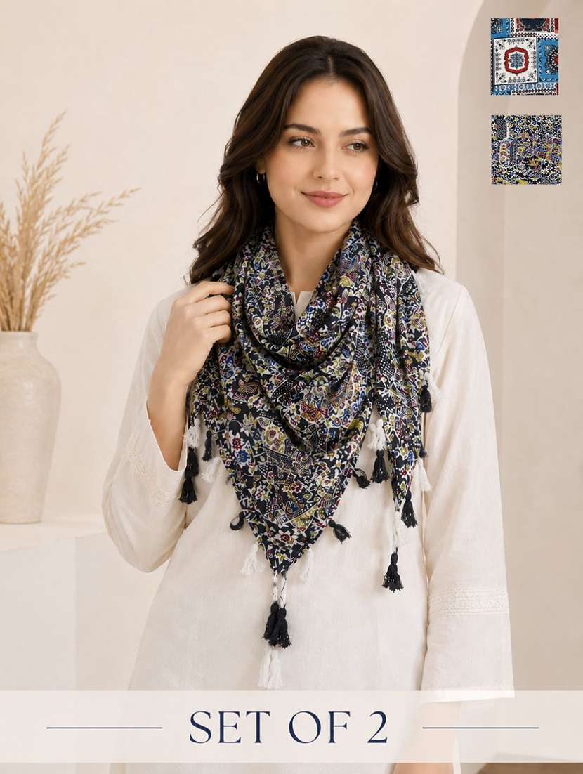 women pack of 2 printed scarf featuring with tassels