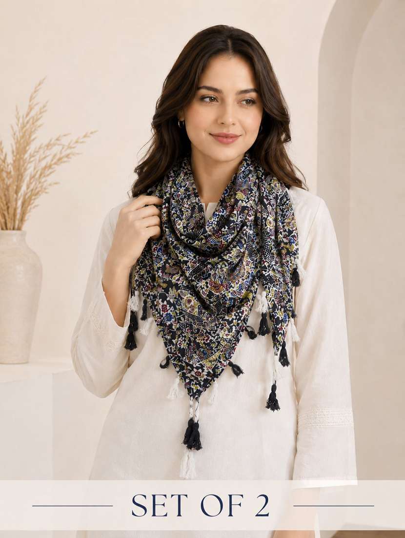 women pack of 2 printed scarf featuring with tassels