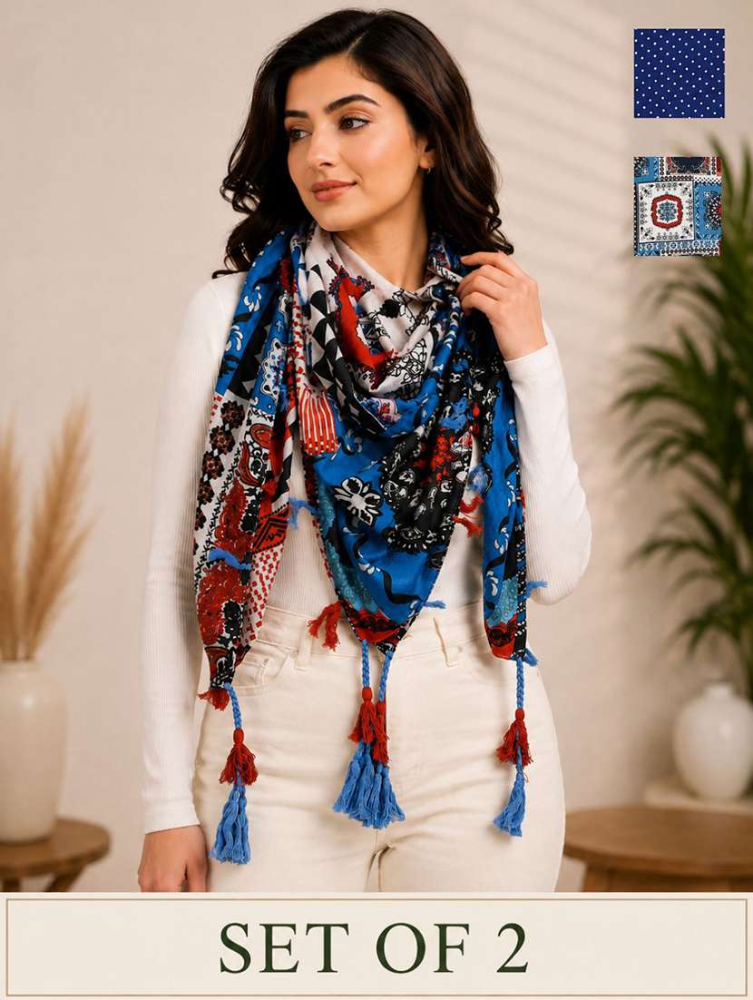 women pack of 2 printed scarf featuring with tassels