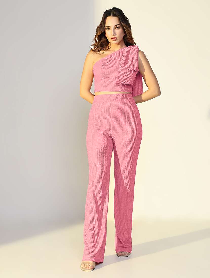 women self design one shoulder top and trouser co-ord set