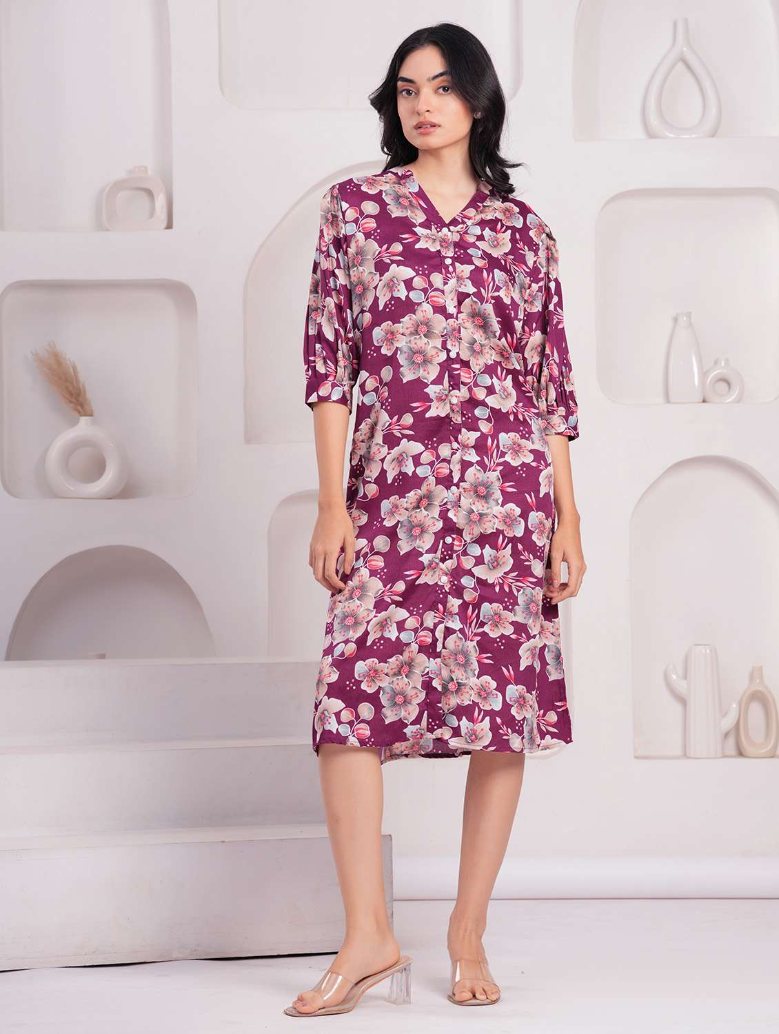 women printed three quarter sleeves a-line dress