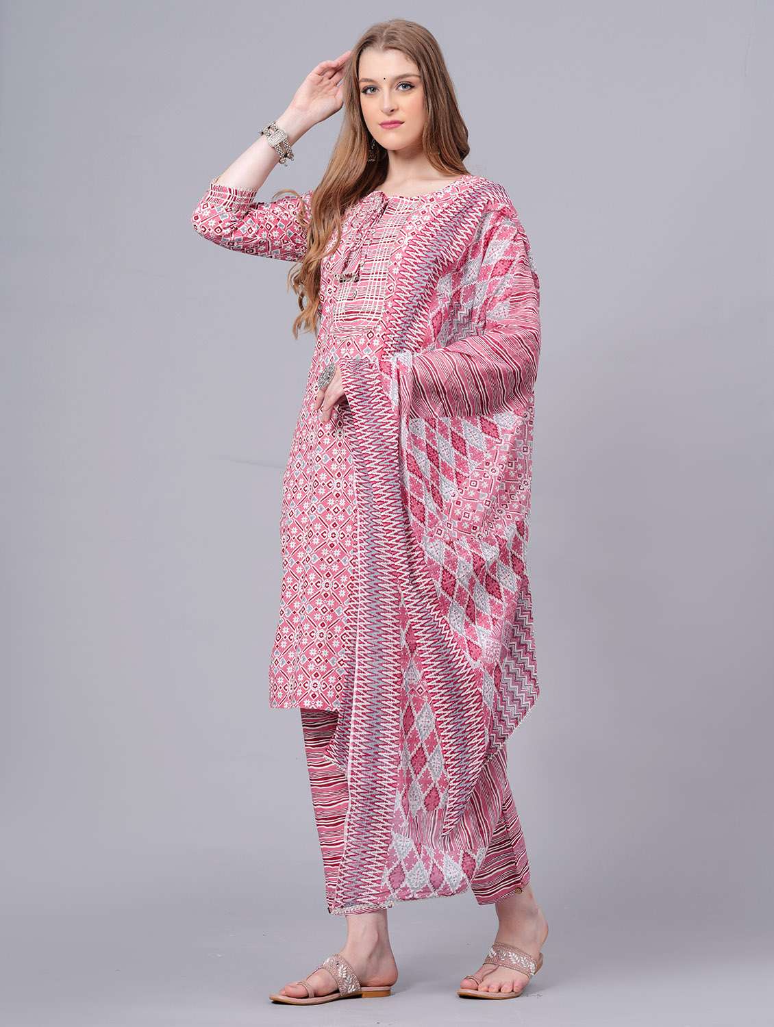 women printed three quarter sleeve kurta pant with dupatta set - 22558676 -  Standard Image - 3