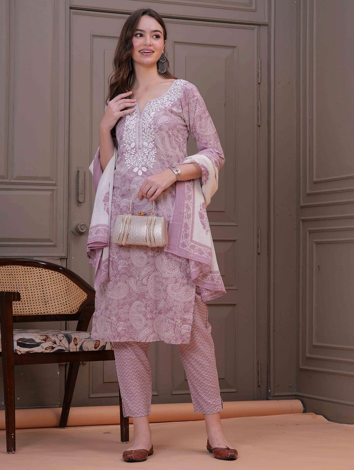 women printed three quarter sleeve kurta pant with dupatta set