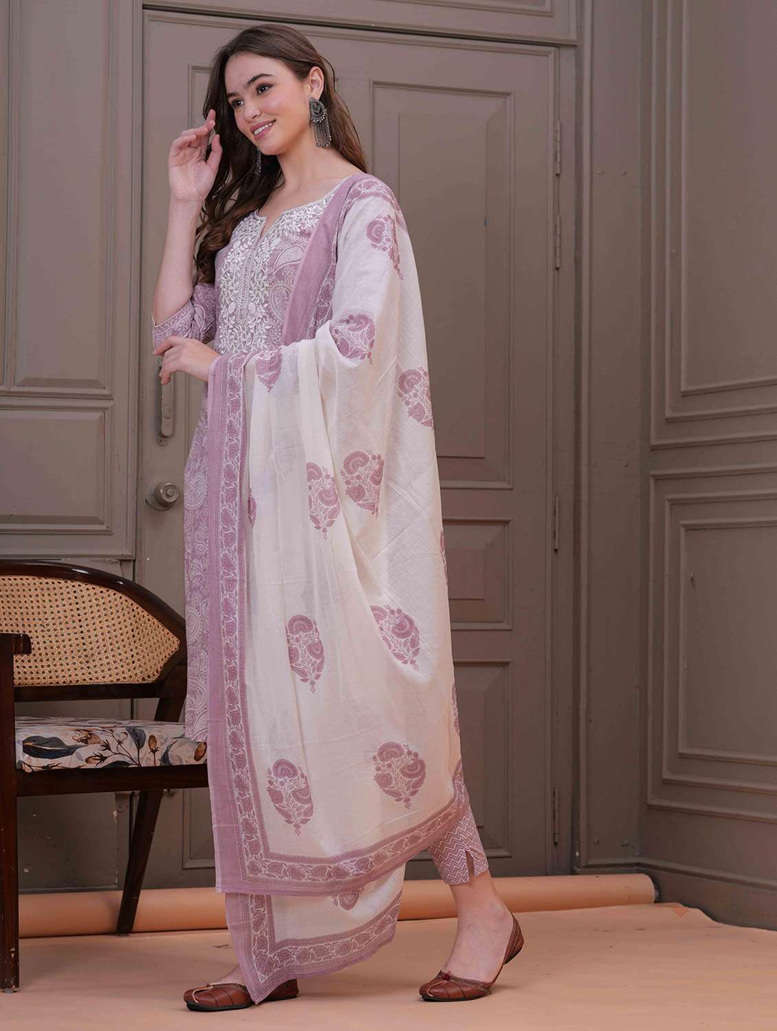 Women Printed Three Quarter Sleeve Kurta Pant With Dupatta Set - 22558688 -  Standard Image - 3