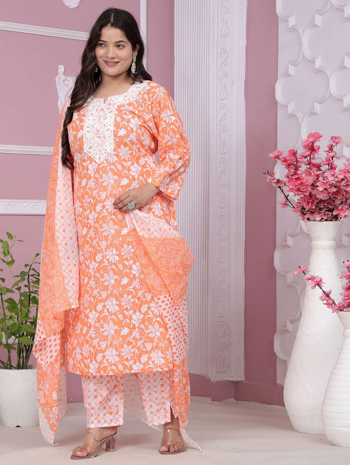 women printed three quarter sleeve kurta pant with dupatta set - 22558695 -  Standard Image - 3